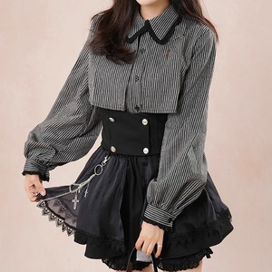 【3点セット】ネクタイ付きストライプブラウス＋ウエストベルト＋チェーン付きスカート ・73776