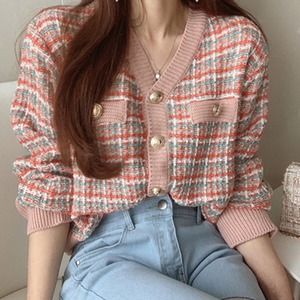 ニット リブ カーディガン ミックス おしゃれ かわいい 羽織り トップス 袖あり 長袖 Vネック かわいい 大人可愛い きれいめ 大人 上品 おしゃれ チェック柄 お洒落 大人可愛い 大人女子 こなれ感 キュート ガーリー 存在感 紫 パープル ピンク  10代 20代 30代 学生 通学 デート お出かけ 秋 冬 トレンド 流行