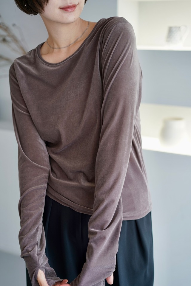 Sheer velours crew neck cut sew  シアーベロアクルーネックカットソー　Moca