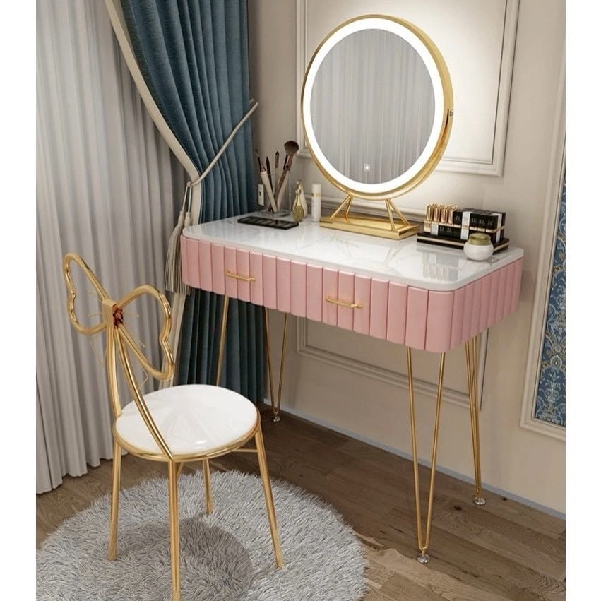 80cm幅 ピンクの大理石調ドレッサー|可愛さと高級感の両立