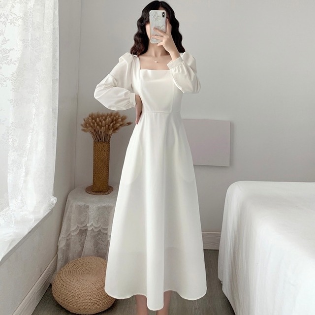 【S~XXL,2color】スクエアネック シンプル ワンピース a014