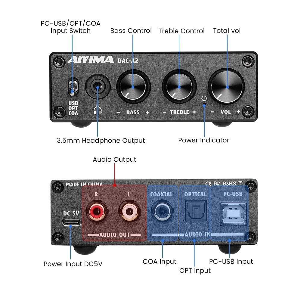 AIYIMA DAC-A2 HiFi USBオーディオデコーダー ヘッドフォンアンプ 同軸