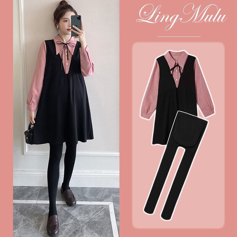 【新作】【送料無料】 689＃マタニティドレス春秋コットン長袖偽ツーピースドレス妊婦ママドレス ロング スプリング 春物 オータム 秋物 AL expec362471573052