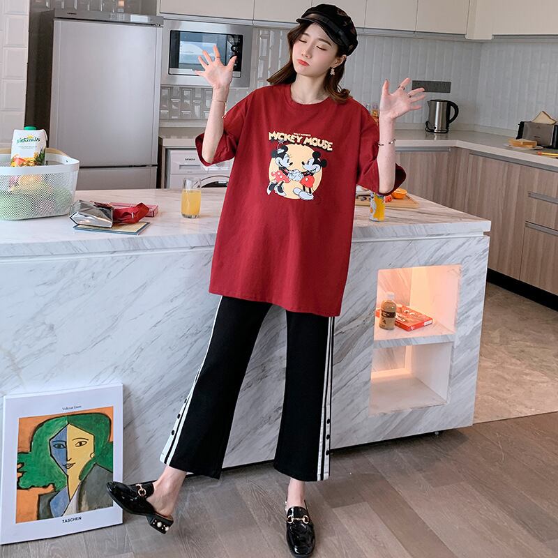 【新作】【送料無料】 マタニティウェア2020夏の新しい漫画プリントルーズTシャツ+ベリーリフト9ポイントワイドレッグパンツマタニティスーツ-アリババ サマー 夏物 expec220516289572