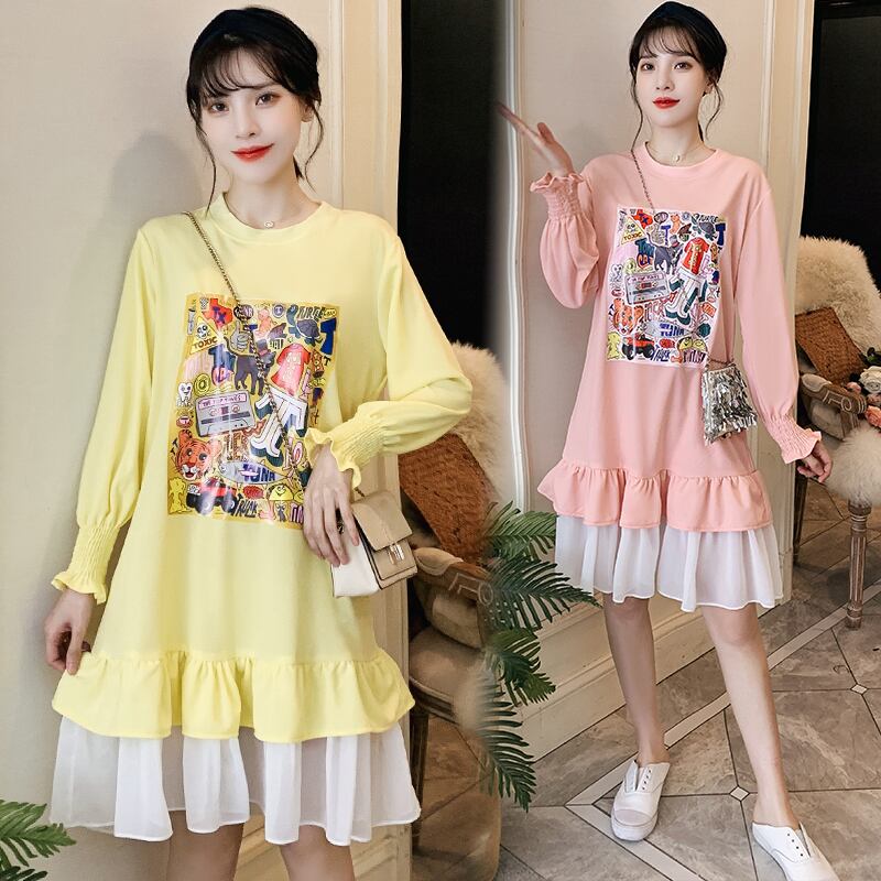 【新作】【送料無料】 妊娠中の女性のドレスマタニティウェア春と秋のルーズ-袖付きミドル丈ドレス妊娠中の服のドレス スプリング 春物 オータム 秋物 AL expec311911346065