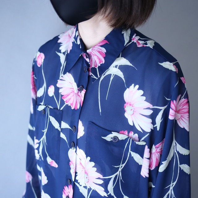 flower art pattern blue see-through shirt