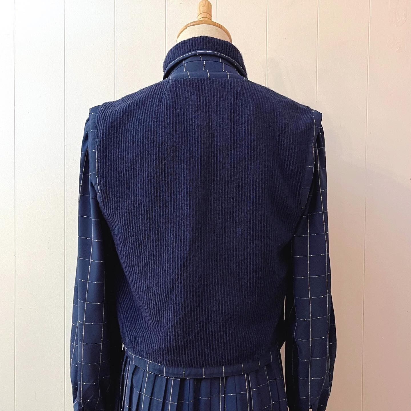 navy white check vest set one-piece