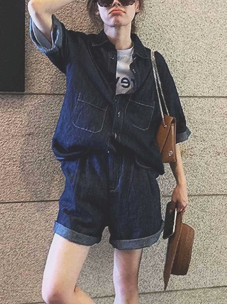 セットアップ ブラウス 半袖 ショートパンツ デニム 3XL/6XL デニムセットアップ 半袖シャツ×ショートパンツ 休日コーデ 大人