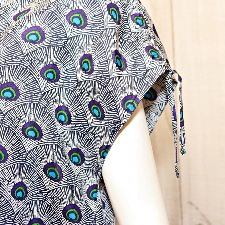 トリーバーチ フレンチスリーブ 孔雀柄ワンピース M シルク