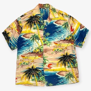 50s｜Hale Hawaii｜アロハシャツ｜レーヨンちりめん ハワイアン 風景柄 アウトリガーカヌー ヤシ ピンク ブルー 開襟｜B