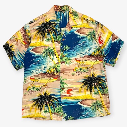 50s|Hale Hawaii|アロハシャツ|レーヨンちりめん ハワイアン 風景柄 アウトリガーカヌー ヤシ ピンク ブルー 開襟|B