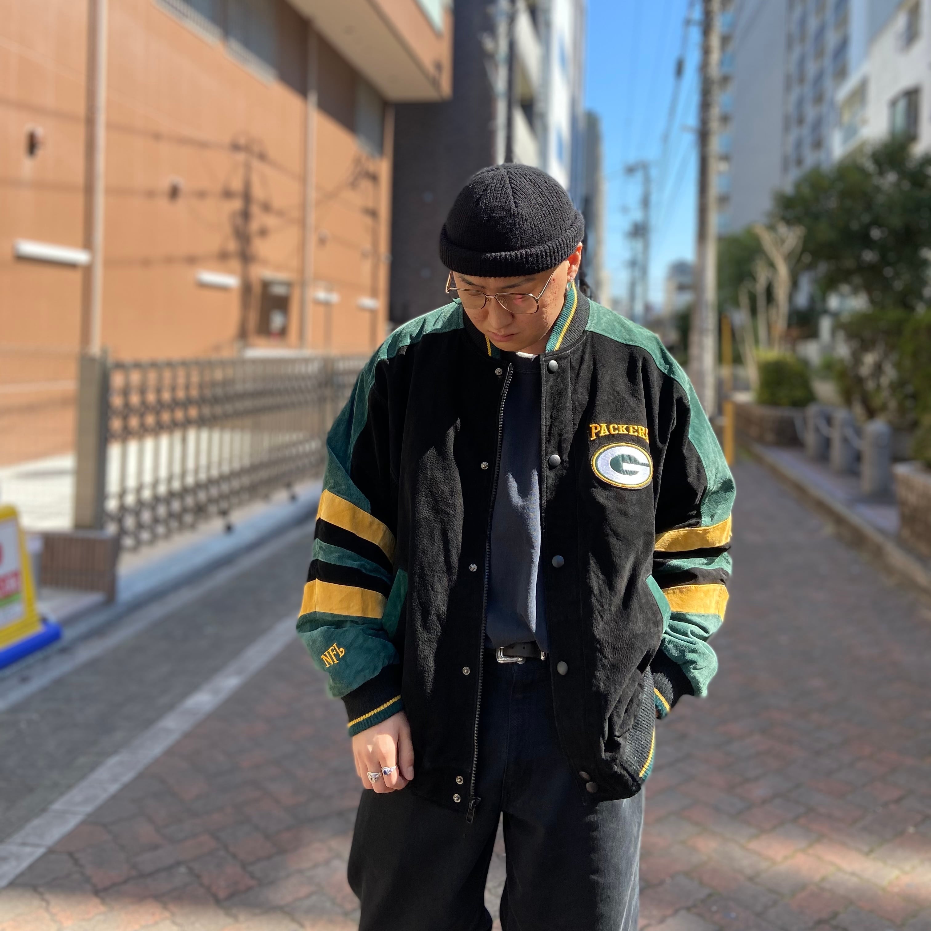 size:L【 グリーンベイ・パッカーズ 】Green Bay Packers レザースタジャン レザージャケット 緑 黄 黒 古着 古着屋 高円寺  ビンテージ