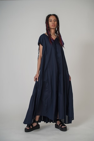 3WAY BACK TIERED SHORT SLEEVE NAVY DRESS