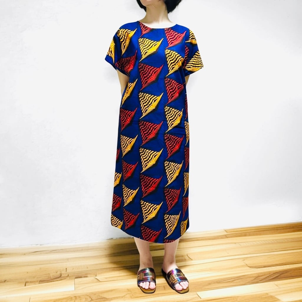 フレンチスリーブワンピース/ミモレ丈/アフリカンプリント/Geometric leaves