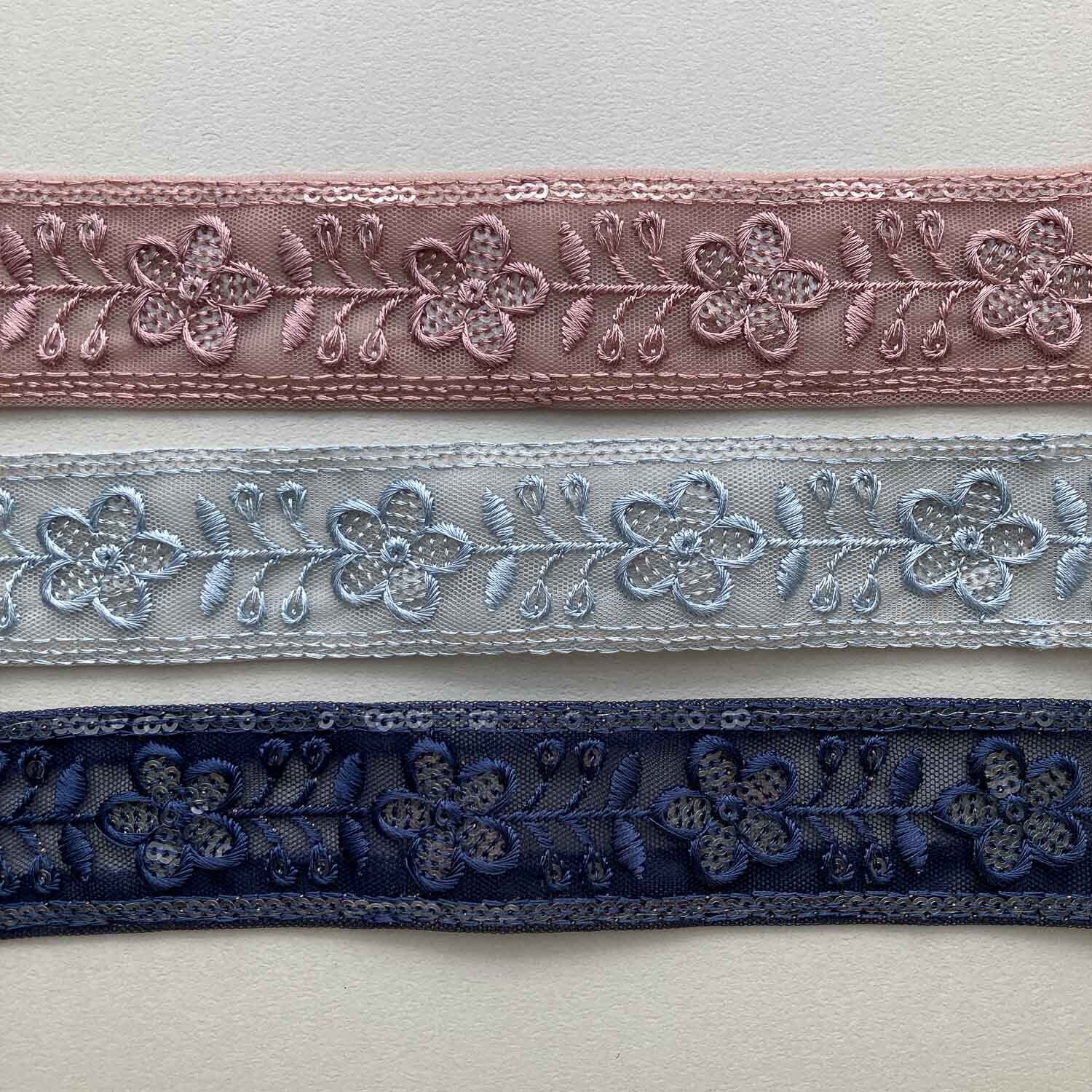 シンプルお花と直線茎チュール単色刺繍リボン（1mカット） | Dua