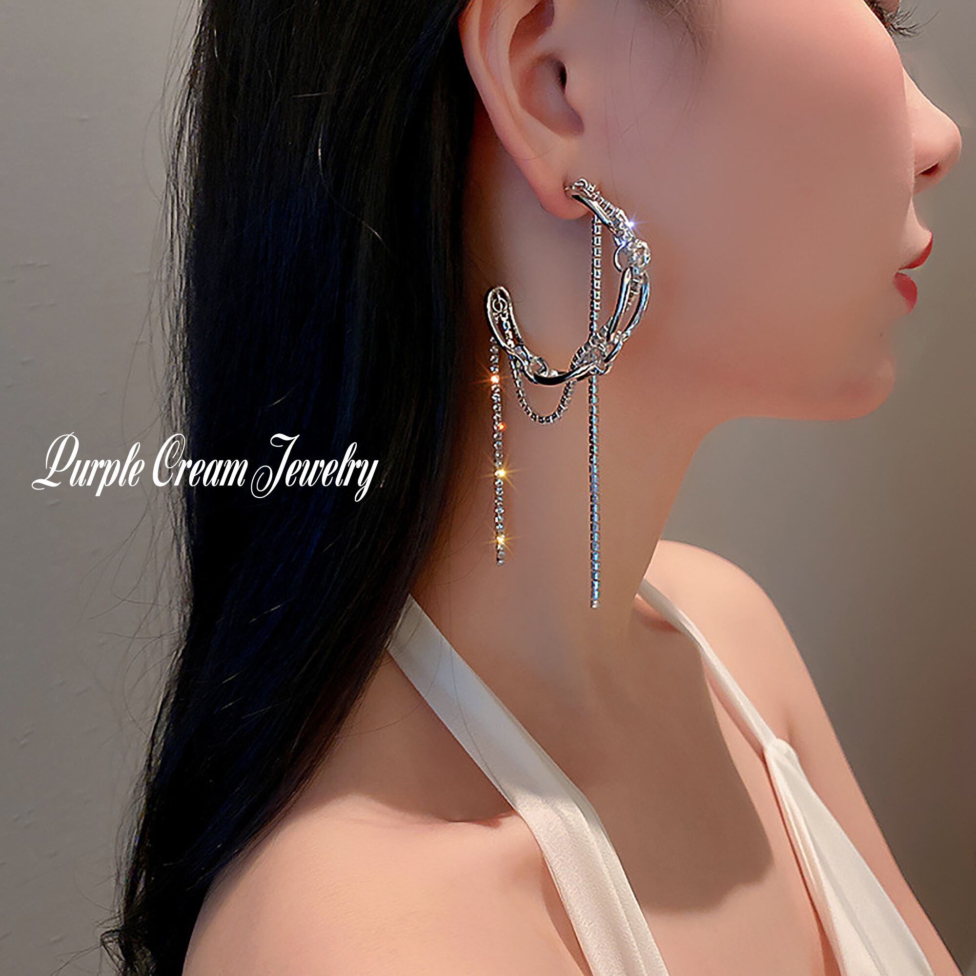 ストーンチェーンフープピアス P1237 Purple Cream Jewelry