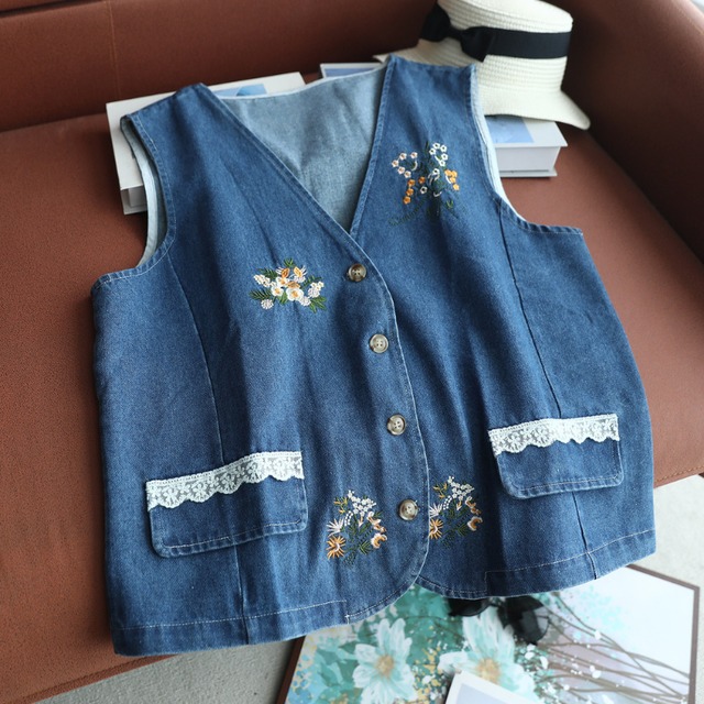 草花刺繍ポケットレースVネックデニムベスト W2037