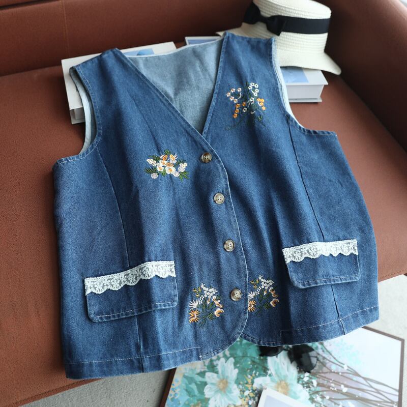 草花刺繍ポケットレースVネックデニムベスト W2037