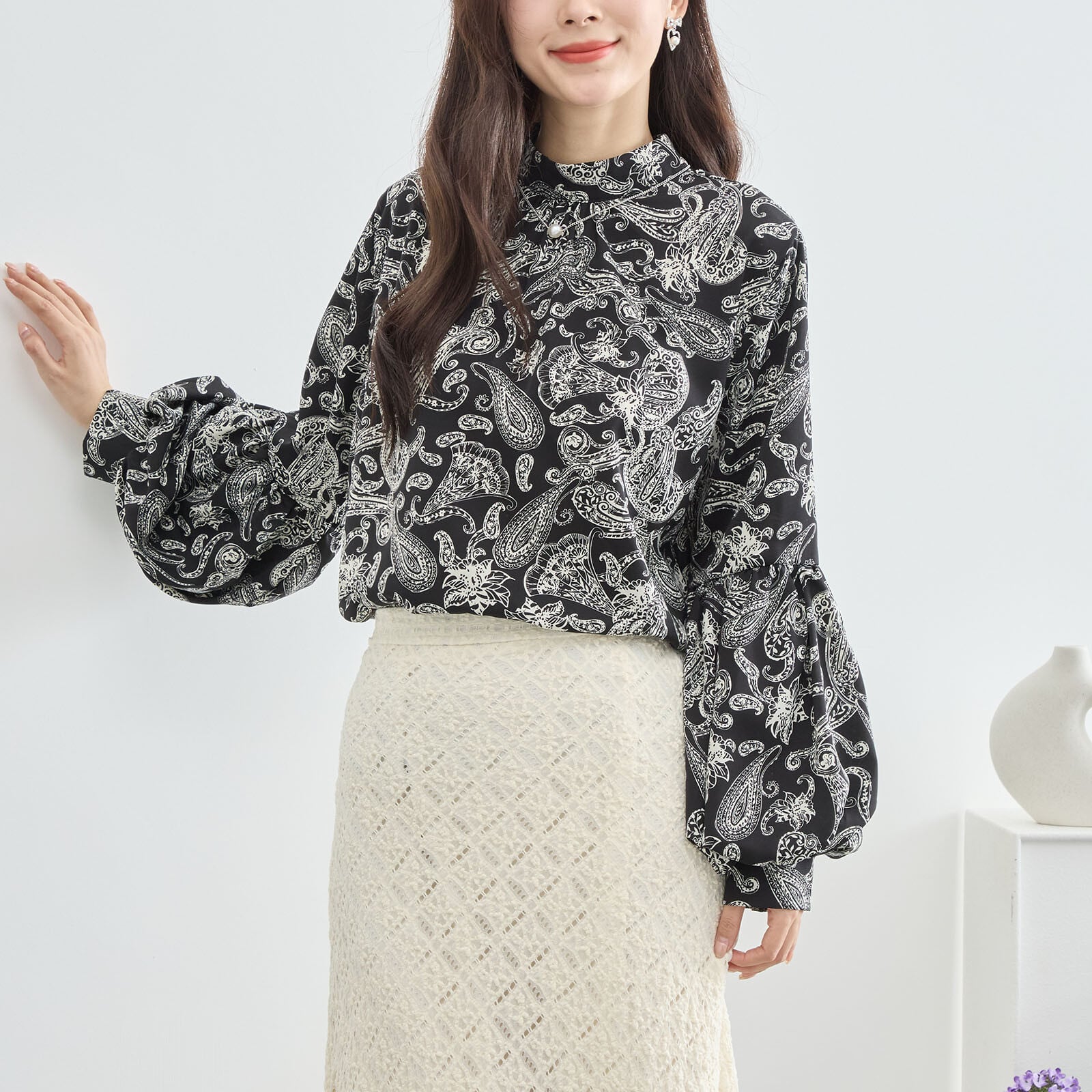 ペイズリー柄フリル袖ブラウス 大人可愛いペイズリー柄ブラウス | 日本橋こまち堂