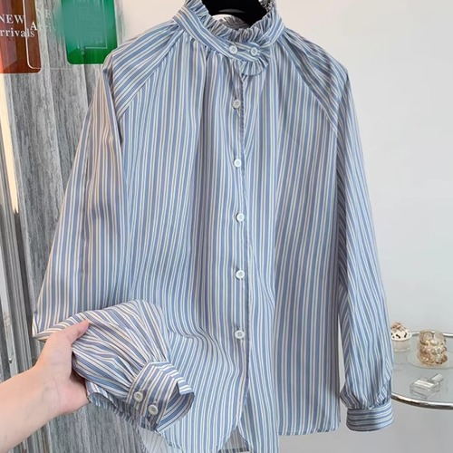 ストライプフリルスタンドカラーブラウス ・74612