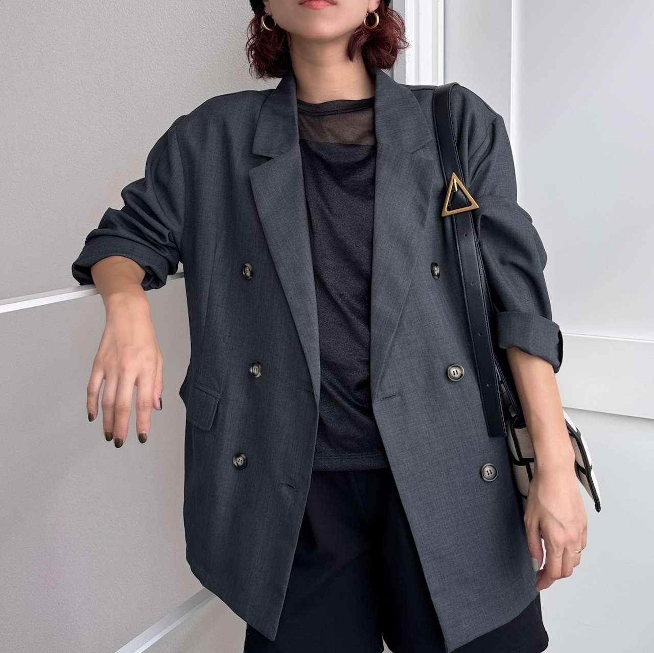 麻タッチダブルブレストJK/チャコール