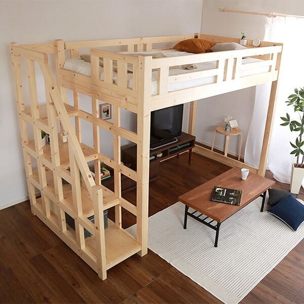 階段付き 木製ロフトベッド セミダブルインテリア寝具 ベッドシステム