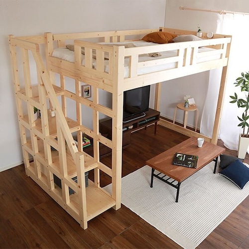 階段付き 木製ロフトベッド セミダブルインテリア寝具 ベッドシステムベッド