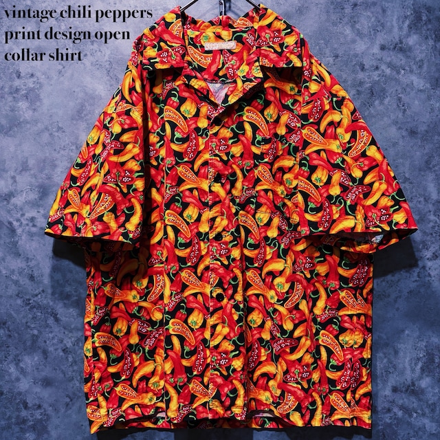 【doppio】vintage chili peppers print design open collar shirt