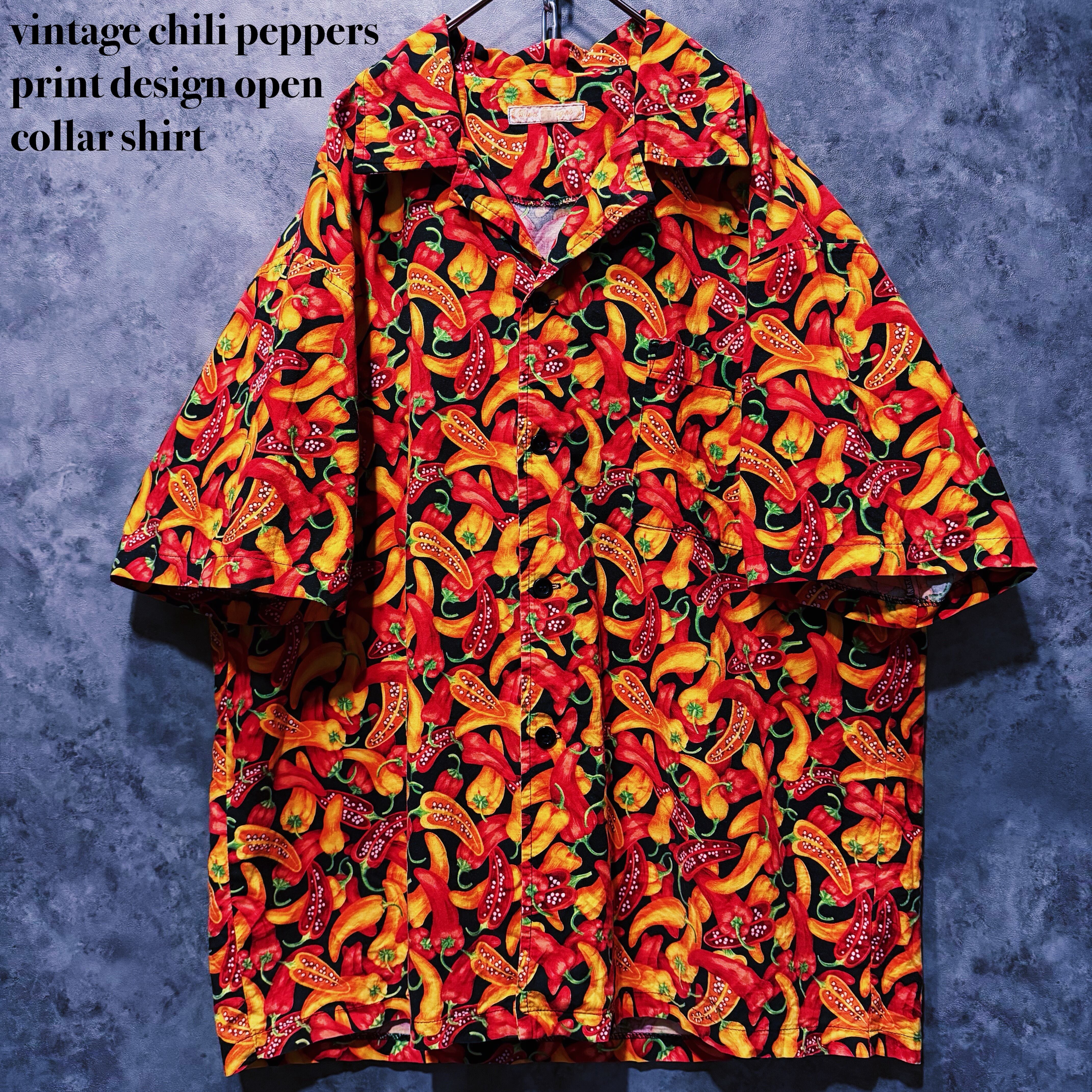 【doppio】vintage chili peppers print design open collar shirt