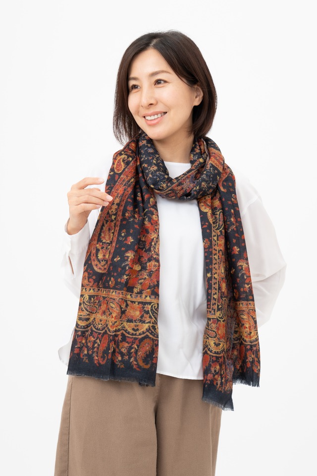 Higashiyama - ヒガシヤマ/ブラック カシミヤ100%プリントストール 幅70cm×縦200cm