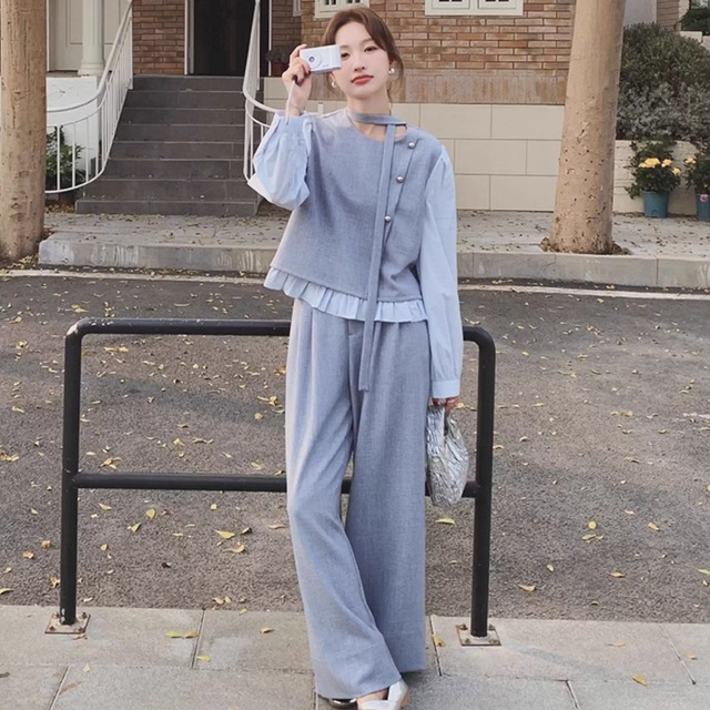 【set】フェイクレイヤードトップス×ワイドパンツセット Q8229