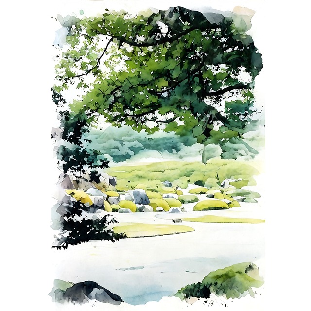 絵画(風景画) 日本 島根県 足立美術館の庭園 インテリアアート額付き 水彩画・油絵調 WAT1284