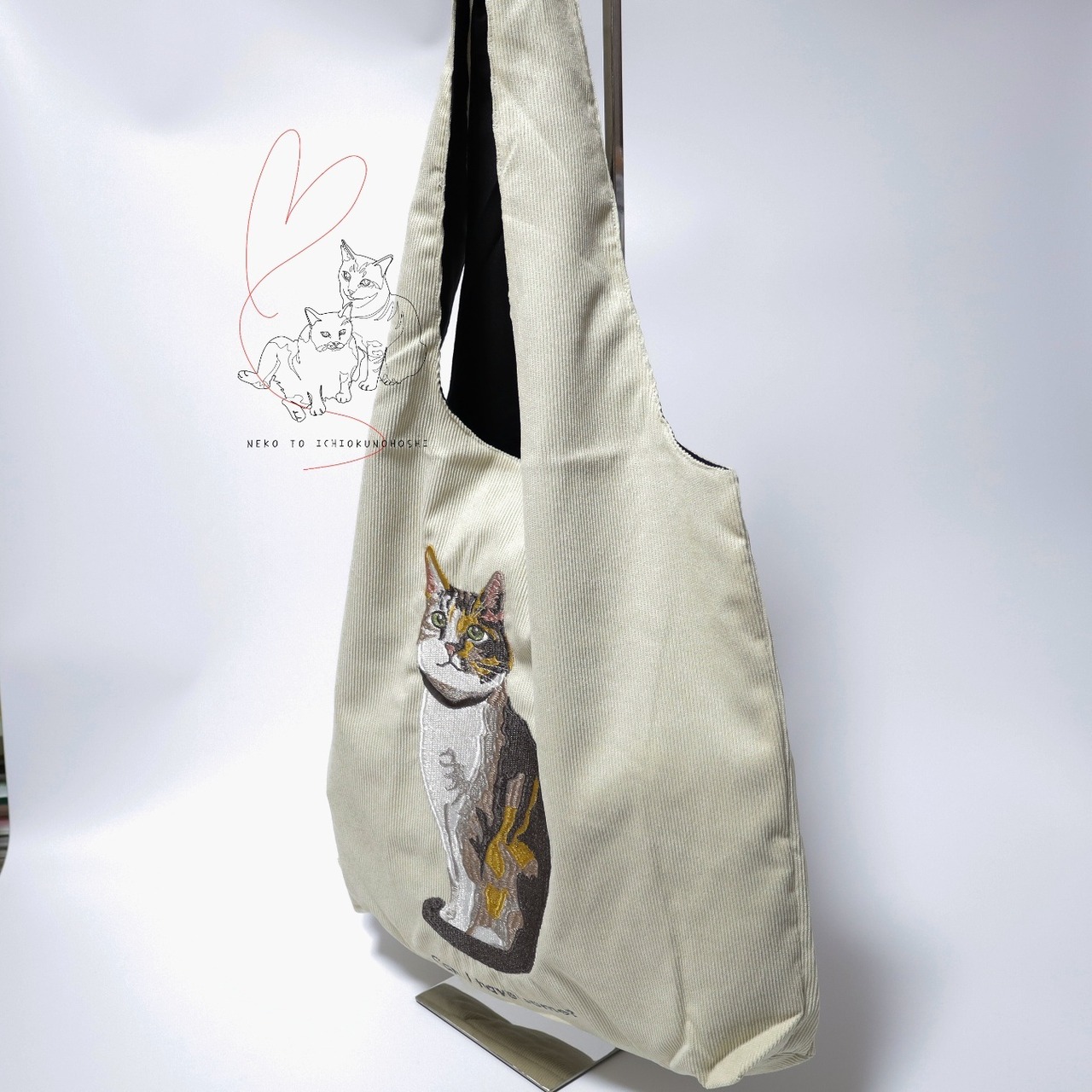 Jubilee 猫デザイン刺繡コーデュロイトートバッグ アイボリー