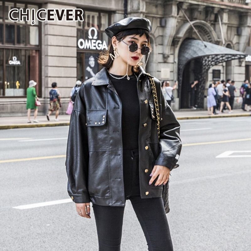 CHICEVER刺繡Puコート女性ラペルカラー長袖リベットTelストリートウェアコート2020春服タイド ロング 刺繍 スプリング 春物 6base510161320486