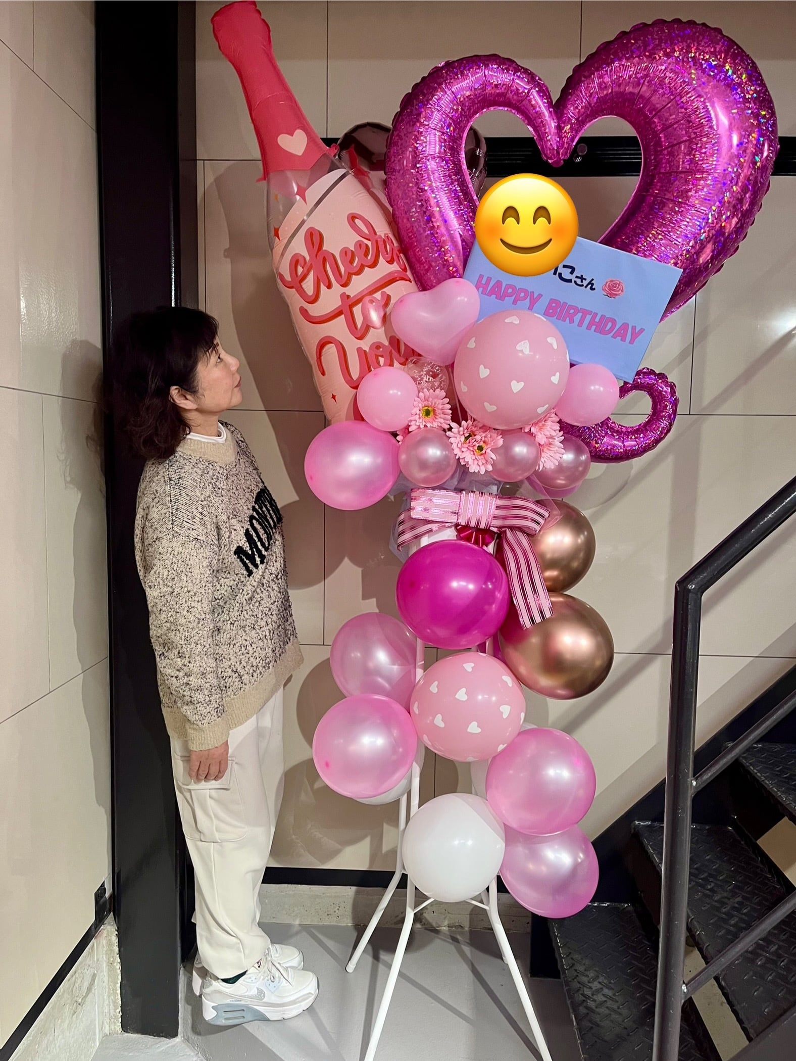 オープンハート（ピンク）とハーフボトルのバルーンスタンド