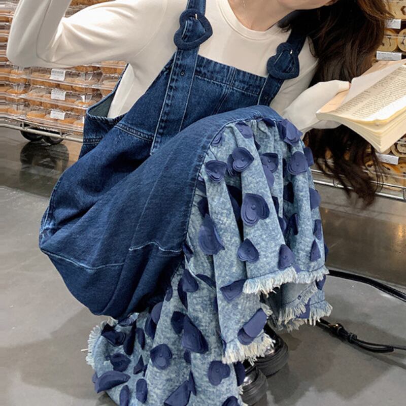 Indigo Denim Fringe-Tiered Pinafore Dress S0323