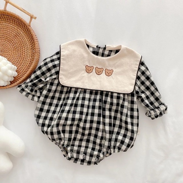 くまちゃん襟チェックロンパース