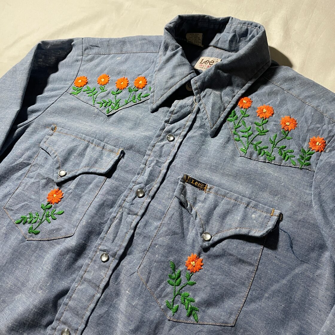 70s Lee シャンブレーウエスタンシャツ ヒッピー 刺繍 ヴィンテージUSA 