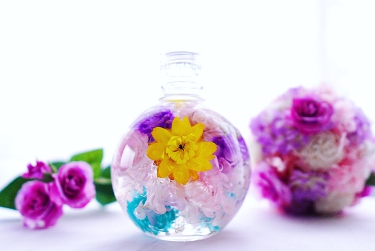 ハーバリウム 球体ボトル（L）ピンク×パープル×イエロー系 | YODEL-GARDEN 
