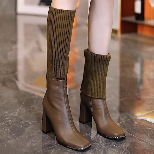 【送料無料】ソックスブーツ 2色 寒さ対策 チャンキーヒール ハイヒール ロング 伸縮性 ニット スクエアトゥ ファスナー レザー エレガント 可愛い 大人可愛い きれいめ シンプル カジュアル シック コンサバ 華やか 大人 上品 おしゃれ レトロ 主役級 こなれ感 高見え 無地 冬 お呼ばれ レディース 女性用 ママ 30代 40代 OL 通勤 デート お出かけ 女子会 休日 お茶会 授業参観 垢抜け デイリーユース 普段使い スタイル 楽ちん 歩きやすい スタイルアップ ブラック ブラウン
