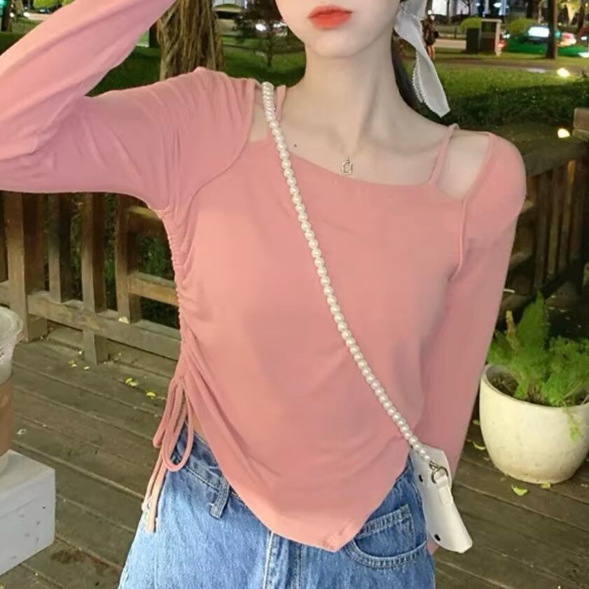 レイヤー風シャーリングロングTシャツ