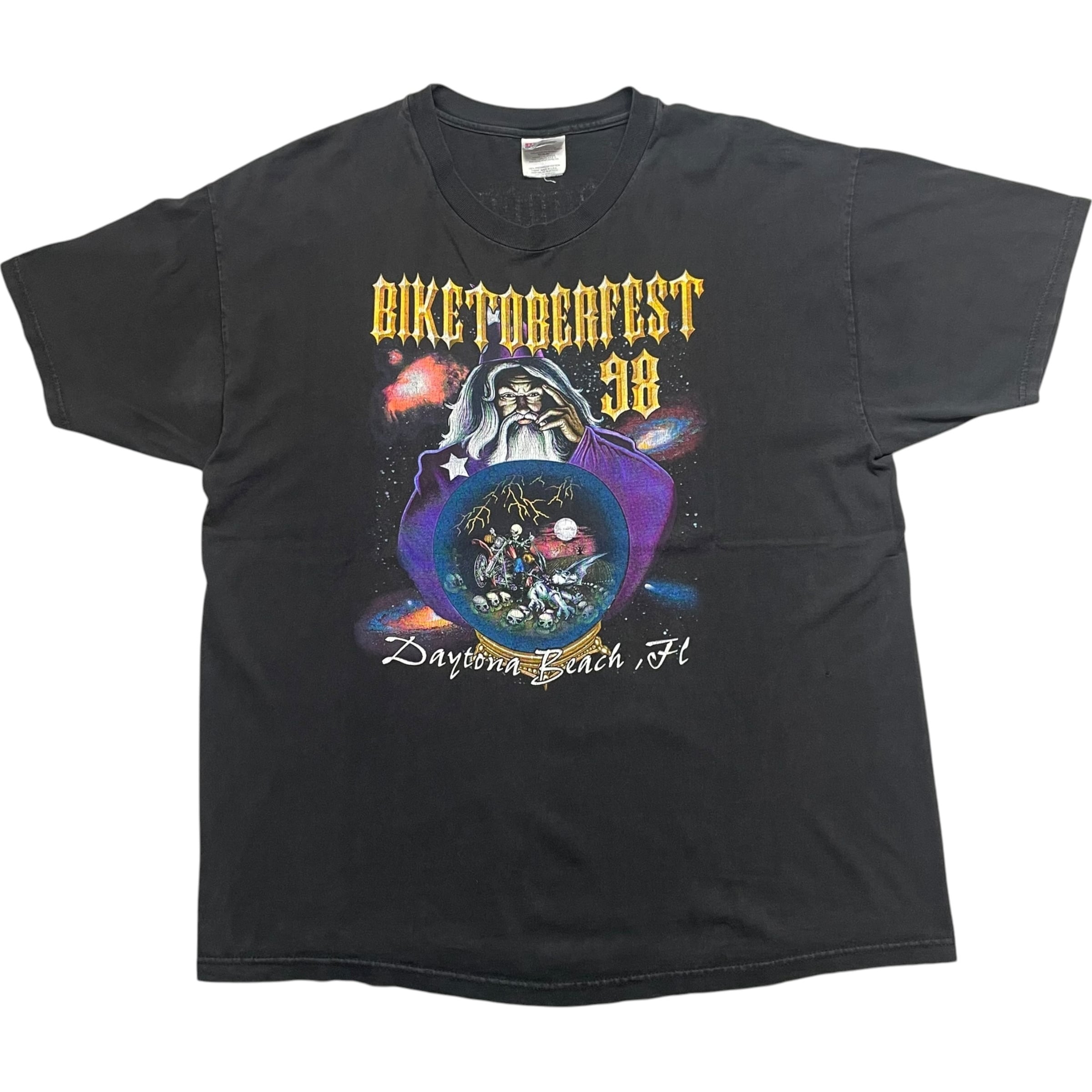 《XL》Hanes ヘインズ Tシャツ 両面プリント ウィザードプリント バイク スカル ブラック USA製 90年代 vintage no.10503