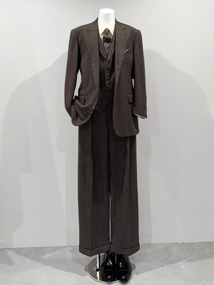 [3PIECE] “70s〜80s POLO RALPH LAUREN” brushed wool herringbone stripe suit - single jacket × lapeled vest × wide tuck trousers / brown