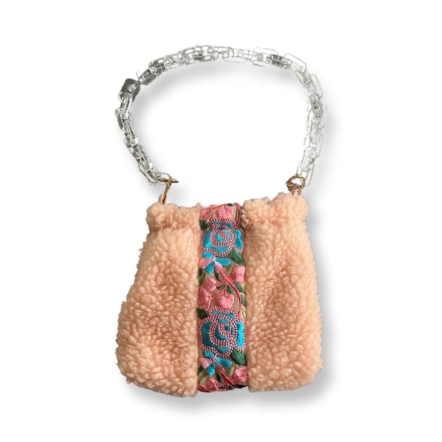 Lax hand bag chain PINK fur × Flower lace}