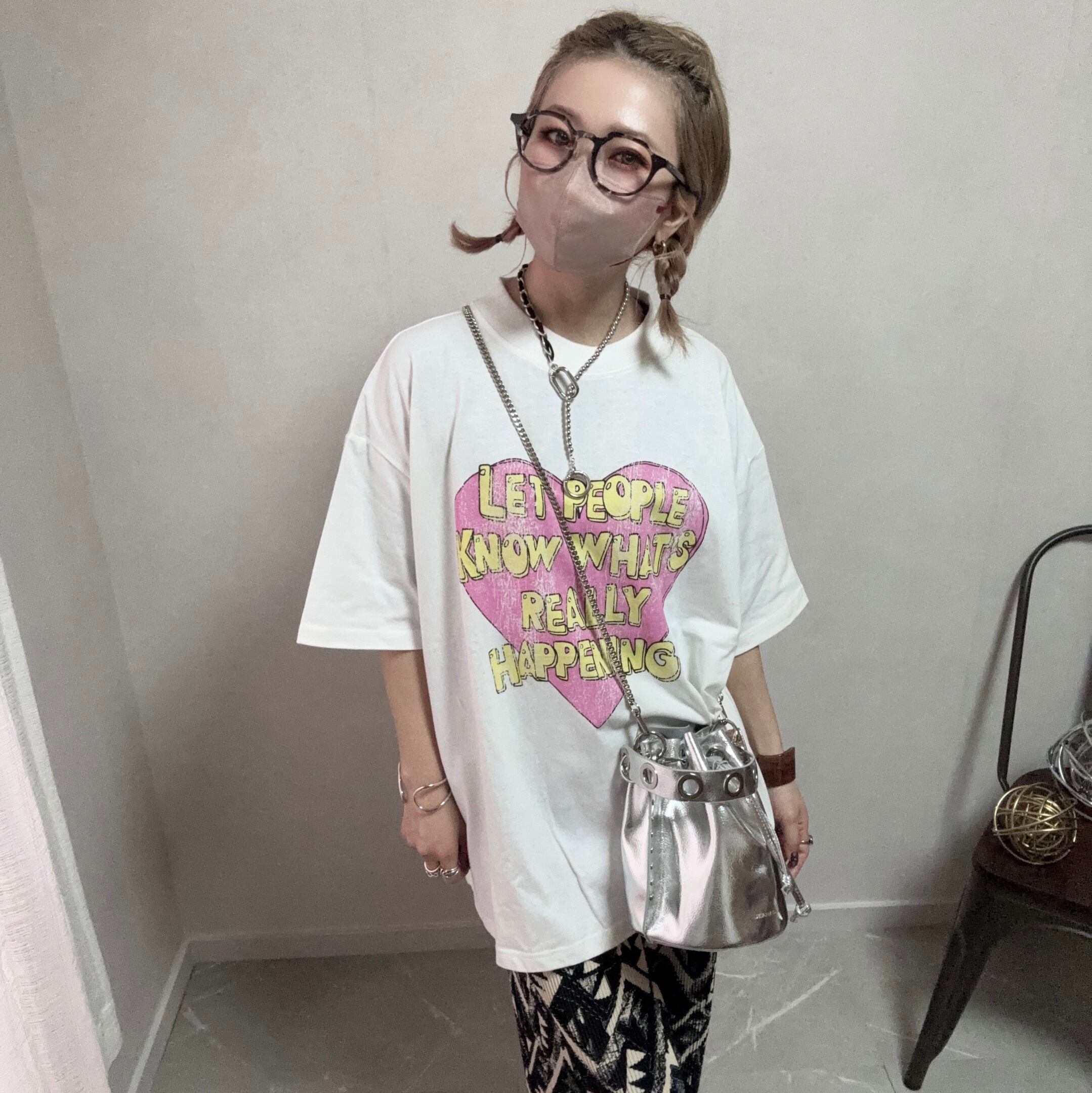 heart lettering print used tee【White】