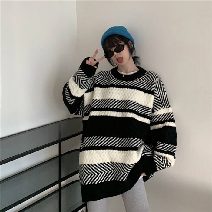 ストライププルオーバー セーター ジャケット レディーススタイルウィンタールーズトップス 冬物 モンロー90131126130