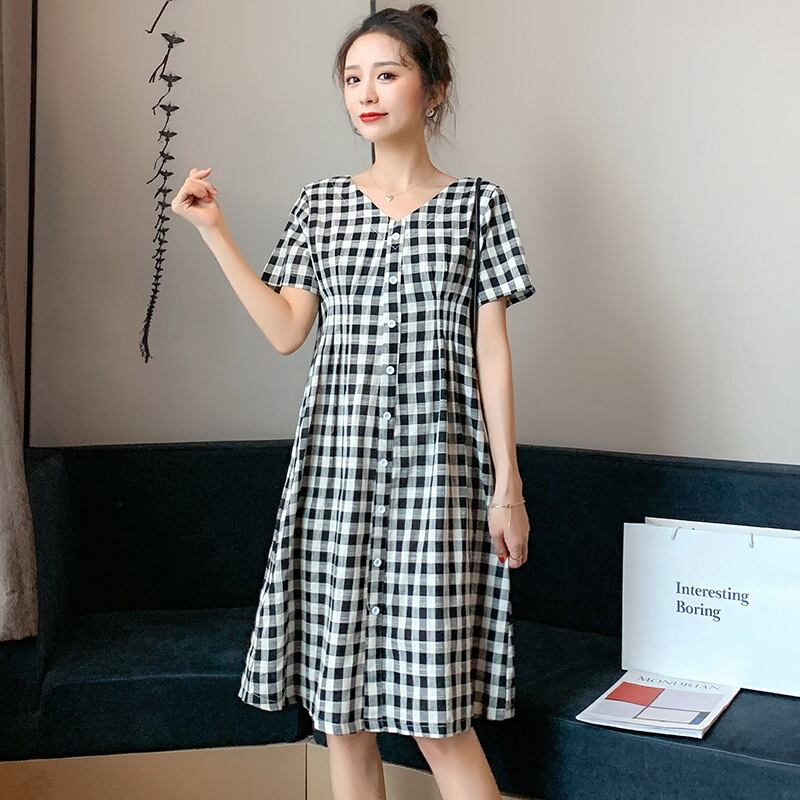【新作】【送料無料】 マタニティウェア2020年夏の新しいコットンとリネンのチェック柄Vネックドレス サマー 夏物 expec272340465523