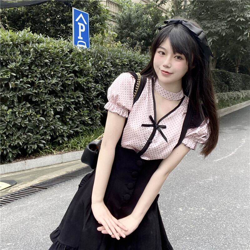 ホルター水玉シャツ サマースカート 大人ガーリー スウィート キュート カジュアル 夏物 萌量不足16388128796