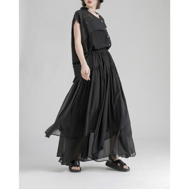 Chiffon asymmetrical tiered maxi skirt C1076