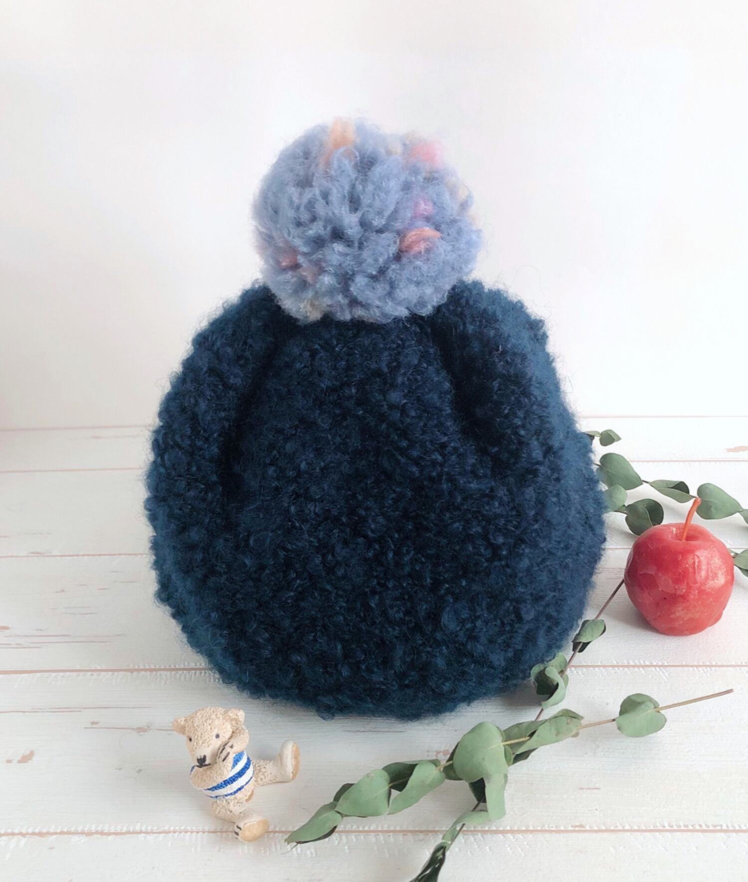 モコモコ猫耳ポンポンニット帽(Navy)